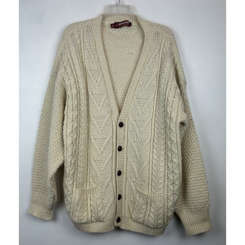 British Wool Fisherman Sweater Mens Large Cardigan Ivory Cable Knit Read